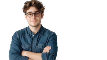 Young man smiling and standing with arms crossed in casual denim shirt against white background.