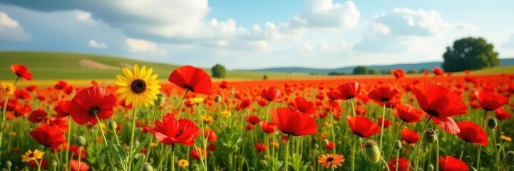 Red poppy field with a few sunflowers and black-eyed Susans, blooming, colorful, black eyed Susan