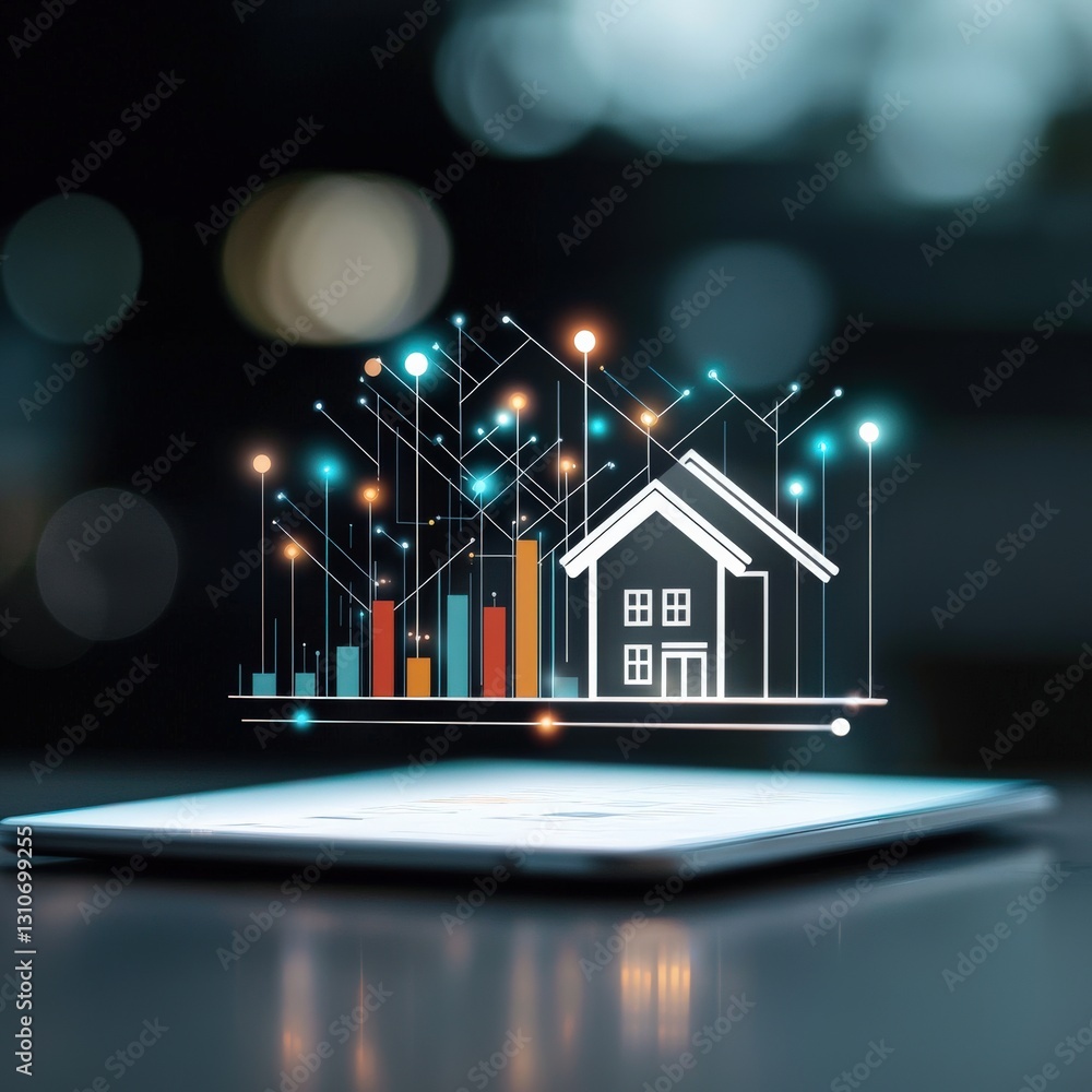 Poster a digital property report card hovering above a home