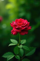Fototapeta premium Red rose against the backdrop of dense greenery, bloom,