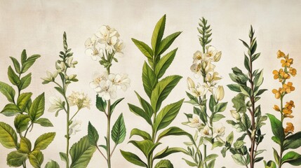 Fototapeta premium A beautifully arranged set of vintage plant illustrations, perfect for botanical lovers.