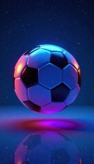 Naklejka premium Iridescent soccer ball hovering above blue space, iridescent, glow, soccer ball