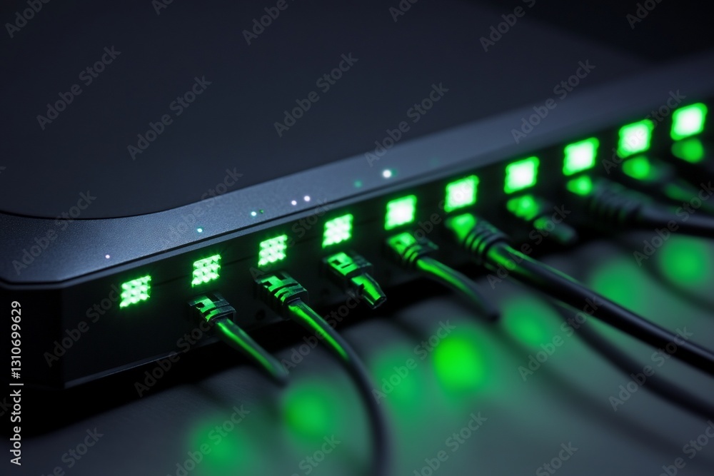 Poster close-up of a network switch with green led lights indicating active connections.