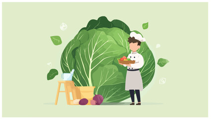 Young chef standing beside a huge cabbage and plate of other vegetables