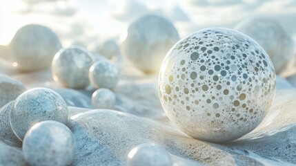 White spheres with surface texture scattered on textured landscape with light