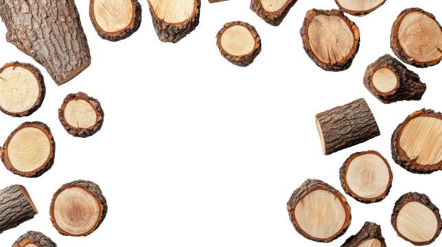 Natural wood logs arranged in a circular pattern on a white background, showcasing their textures and rings.
