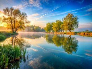 Obraz premium Misty Cold Spring Morning at Sarisap Lake, Hungary - Long Exposure Fishing Lake Photography