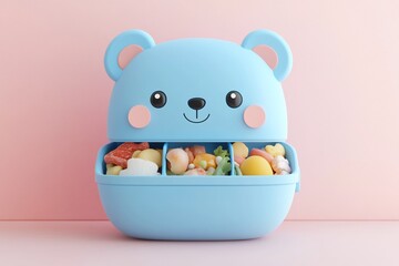 Adorable blue bear-shaped bento box with compartments filled with colorful food.