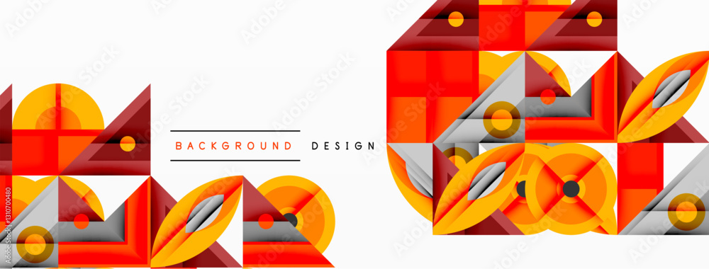 Poster Geometric abstract composition with intersecting shapes, circles, triangles, and gradients, blending vibrant colors and dynamic contrasts to create a modern, futuristic visual design