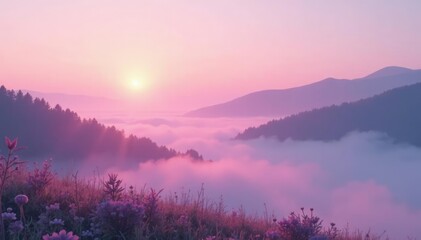 Obraz premium soft pink mist descends on a serene landscape, soft colors, subtle gradient