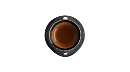 Close-up of a circular coffee cup filled with dark coffee on a black background, perfect for beverage enthusiasts.