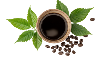 Coffee beans, fresh leaves, and a cup of brewed coffee on a white background.