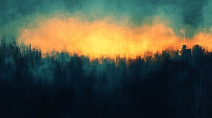 Fototapeta premium Dark Cityscape Sunset Warm orange glow mysteriously illuminates shadowy buildings bathed in deep teal fog. AI Generated