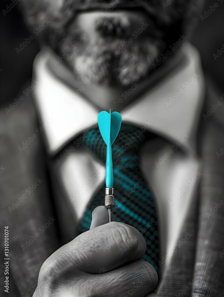 Poster a focused shot of a man in formal attire holding a turquoise dart, emphasizing precision and determi