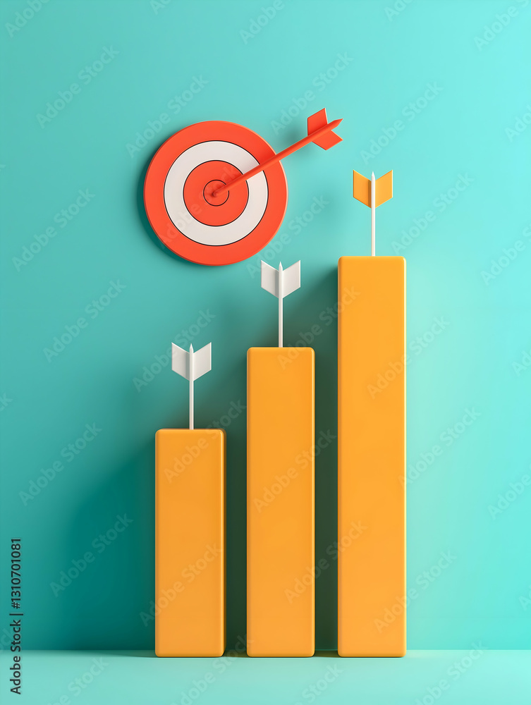 Poster a colorful bar chart with three ascending columns and an arrow hitting a bullseye target, symbolizin