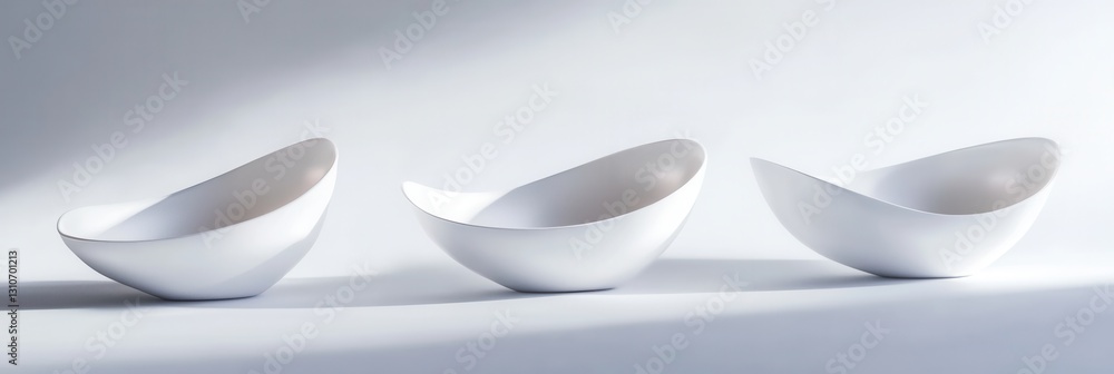 Poster Minimalist display of floating 3D shapes showcasing soft shadows and elegant reflections on a white background