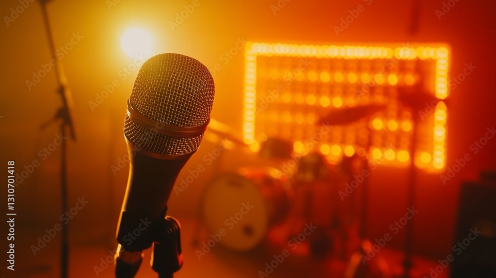 Poster close-up of a microphone on a stand in a dimly lit recording studio with a drum set and orange light