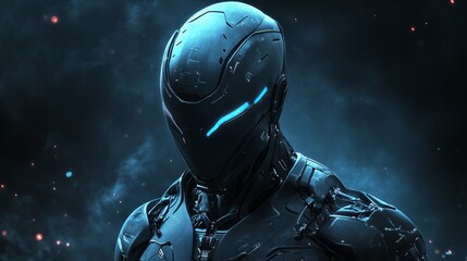 Futuristic Robot with Glowing Blue Eyes in a Sci-Fi Background
