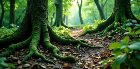 Obraz premium Twisted tree roots emerge from the earth as a spiral path leads deeper into the forest floor, spiral, green, forest