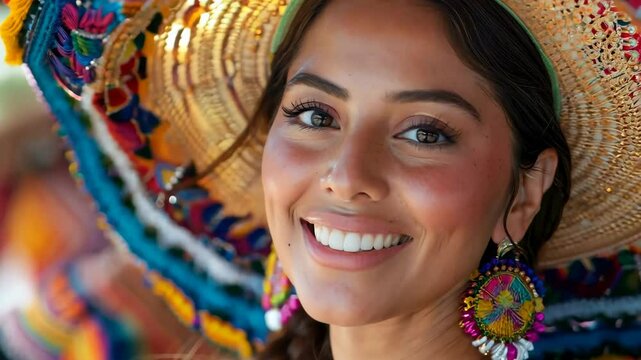 happy Mexican woman in traditional attire with joyful expression on face
