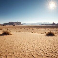 Wadi Rum Desert Landscape with Cracked Earth and Bright Sun