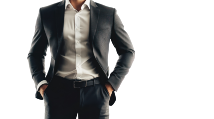 Confident businessman in a formal suit with hands in pockets, against a white isolated background.
