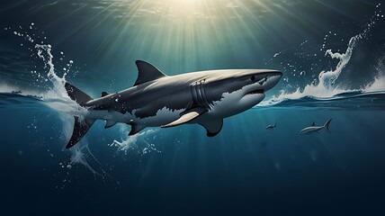 PNG-style translucent backdrop for ocean and marine life designs, dynamic shark leaping out of the water with splash effect