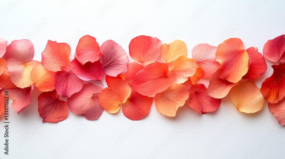 Poster scattered colorful petals form a horizontal line on a white background