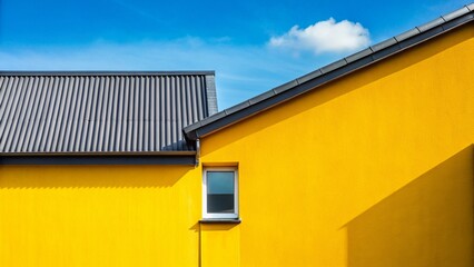 Fototapeta premium Modern Architecture Detail: Yellow Wall & Grey Roof Exterior - Stock Photo