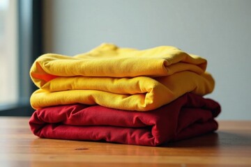Minimalist fashion clothing folded on a wooden table, earthy tone, lifestyle photo