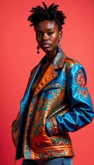 Fototapeta premium Model wearing a statement jacket with intricate details on a plain backdrop, fashion, details, intricate designs