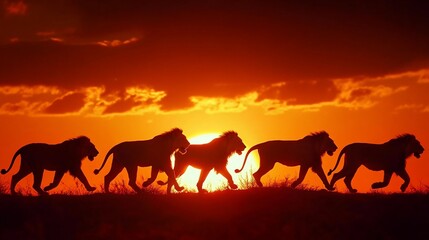 Five lions silhouetted against a vibrant sunset in the African savanna.