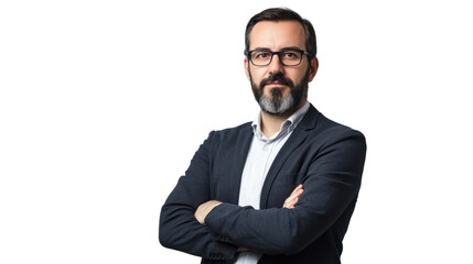 Confident businessman with glasses, arms crossed, black isolate background.