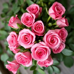Naklejka premium A bunch of fresh pink roses with leafy greens and stems, fresh cut flowers, greenery
