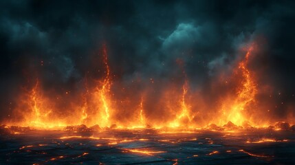 Fiery orange lightning dramatically illuminates dark stormy sky. AI Generated