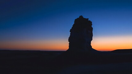 Silhouetted rock formation at sunset, desert landscape.