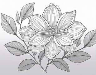 a simple line drawing of a flower with leaves on a clean white background isolated on white background