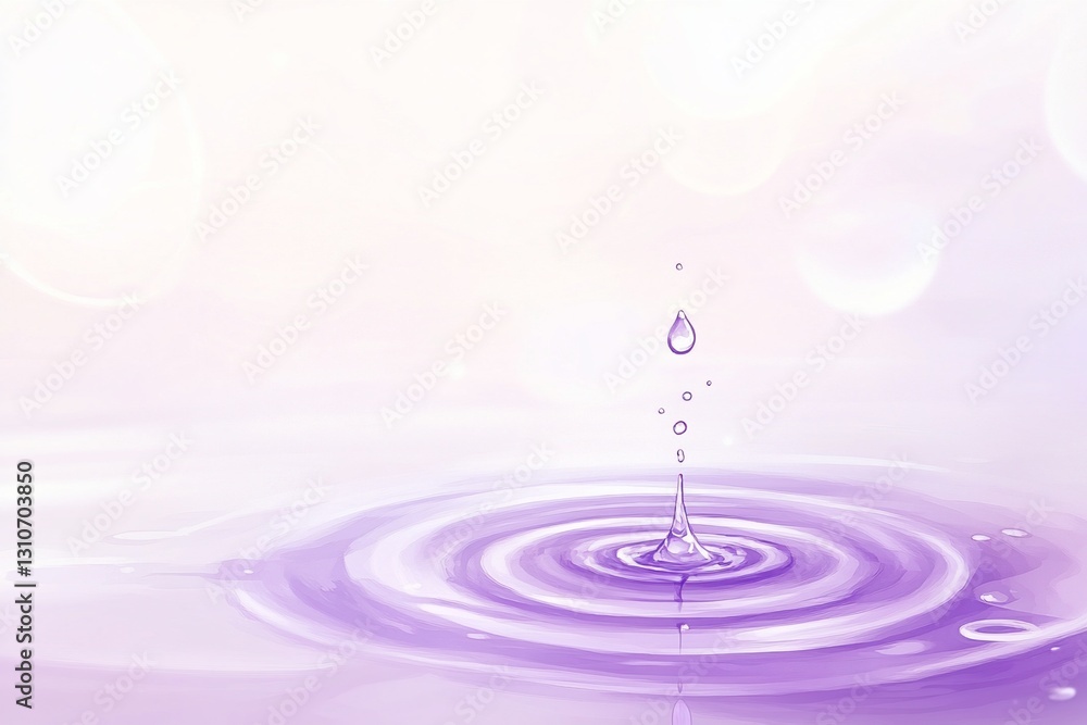 Poster purple water drop falling, creating concentric ripples on a calm surface with bokeh background.