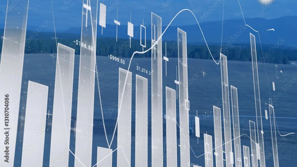 Poster bar graph and data visualization animation over serene mountain landscape
