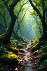Obraz premium Muddy rainforest with twisted tree trunks and moss-covered rocks, wilderness, decay