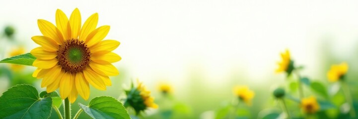 Fototapeta premium Delicate Sunflower amidst lush green foliage on a soft white background, flowers, garden, nature