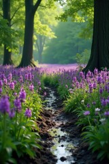 Dense thicket of purple marshlocks in a wet meadow, flowers, mud
