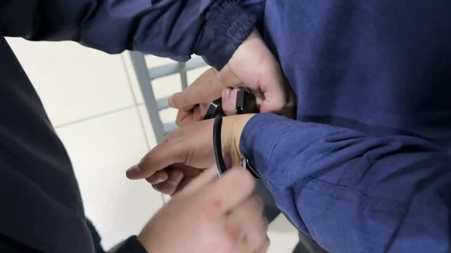 Arrest of a man with handcuffs. Police. Consequence. Pre-trial detention center.