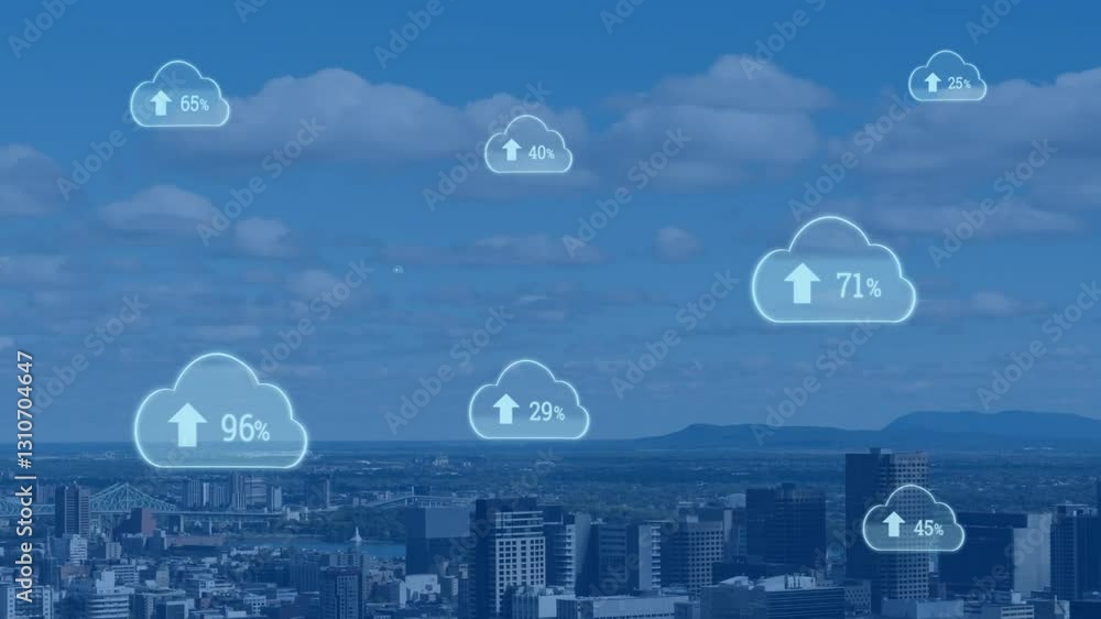 Aufkleber animation of cloud icons with percentage symbols over cityscape, showing data upload
