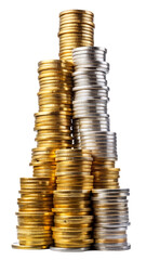 Gold & Silver Coin Tower &ndash; Wealth & Investment Symbol.Stacked Gold & Silver Coins &ndash; Transparent PNG for Finance & Trading.AI Generated.