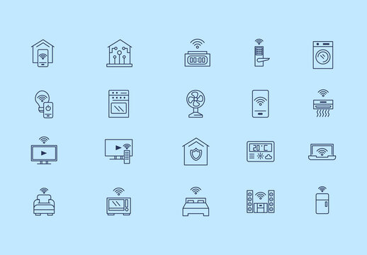 Blue Smart Home Technology Gadgets Appliances Icons Set