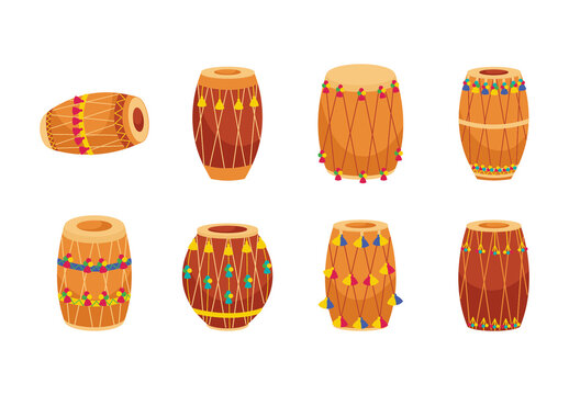 Brown Indian Traditional Dhol Music Percussion Icons Set