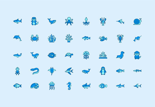 Blue Ocean Wildlife Marine Animals Illustration Set