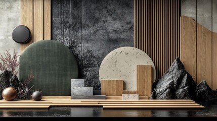 Serene moody scene subtly illuminated showcasing textured wood and stone. AI Generated