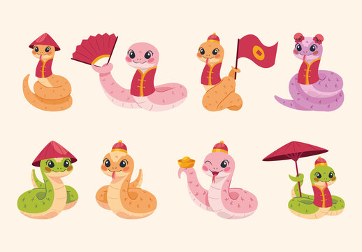Colorful Chinese New Year Celebration Illustration Set